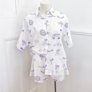 NWT By Frankie blue "Paradiso" coastal-themed print short set. Size medium